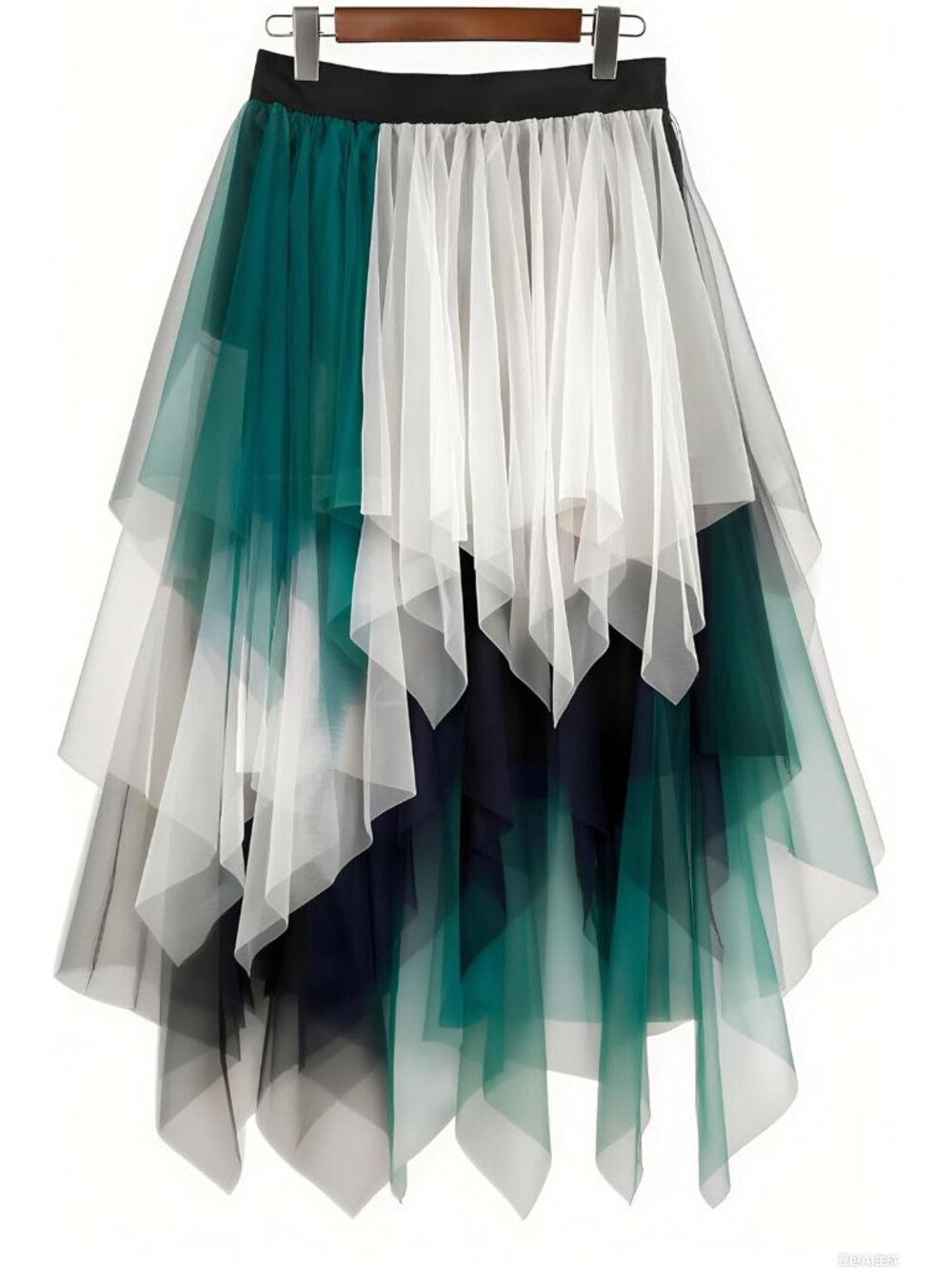 Women Green-White High Waist Layered Tulle Mesh Ruffle Asymmetric Hem Midi Skirt